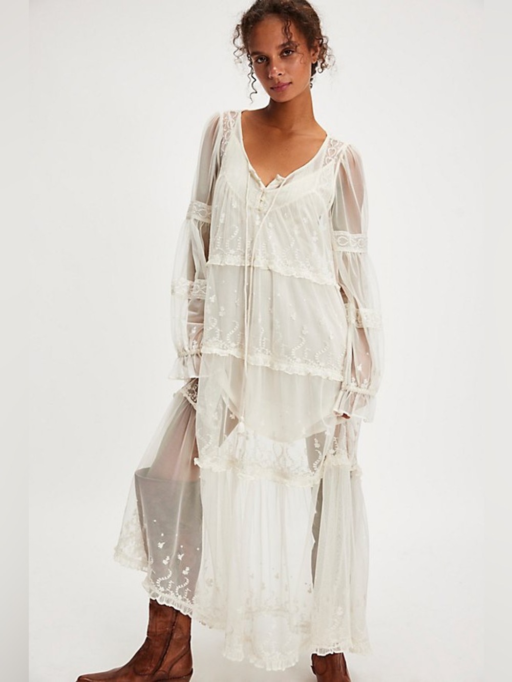 Free People Sheer Ivory Lace Maxi Dress Sz S